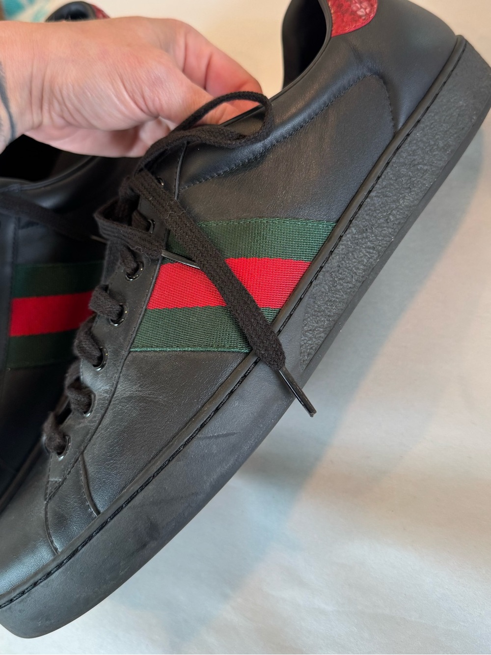 Gucci Ace Black Leather Web Sneakers men's 13